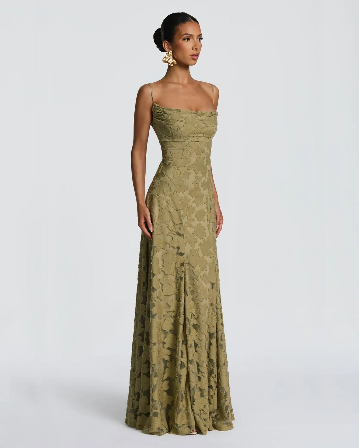 Olive floral lace A-line formal dress with straight neckline and sleeveless fit