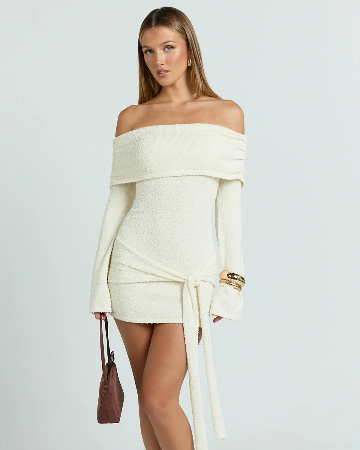 Cream knitted off-shoulder tie-waist mini dress with long sleeves and front tie