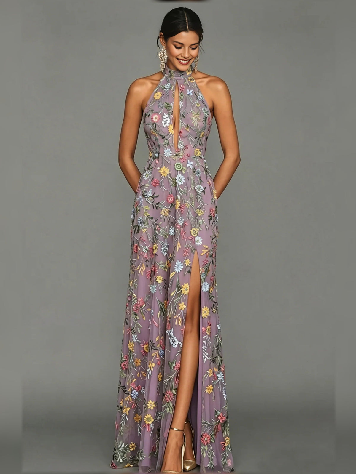 Lilac floral halter neck formal dress with front slit, floor-length