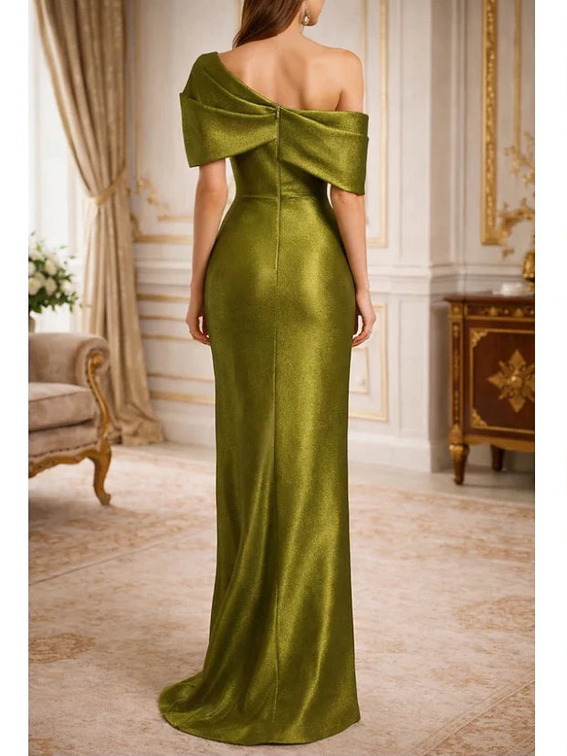 Olive one-shoulder floor-length dress with twisted drape across the shoulder.