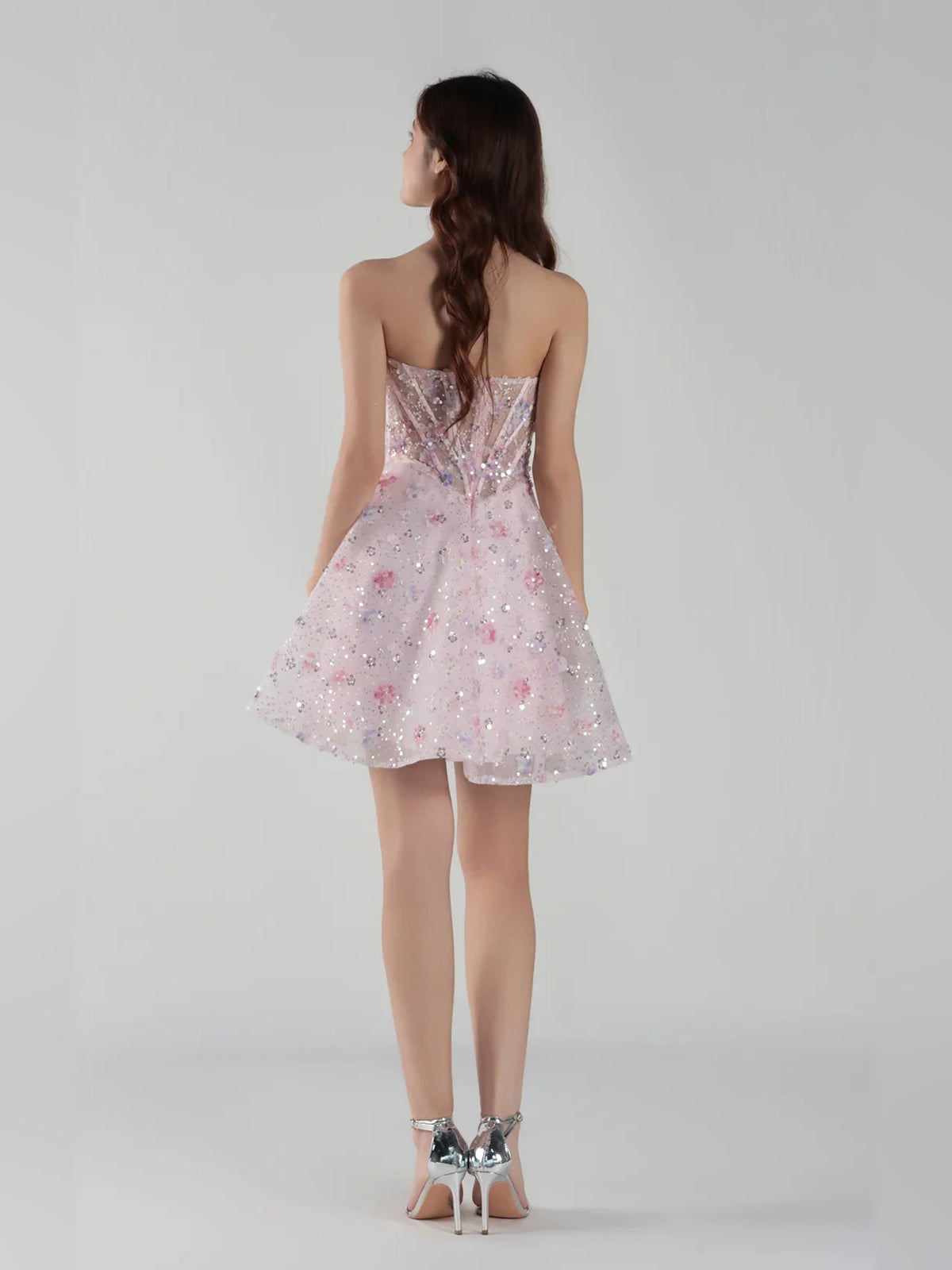 Light pink sequin corset mini dress, open back with thin straps and A-line tulle skirt