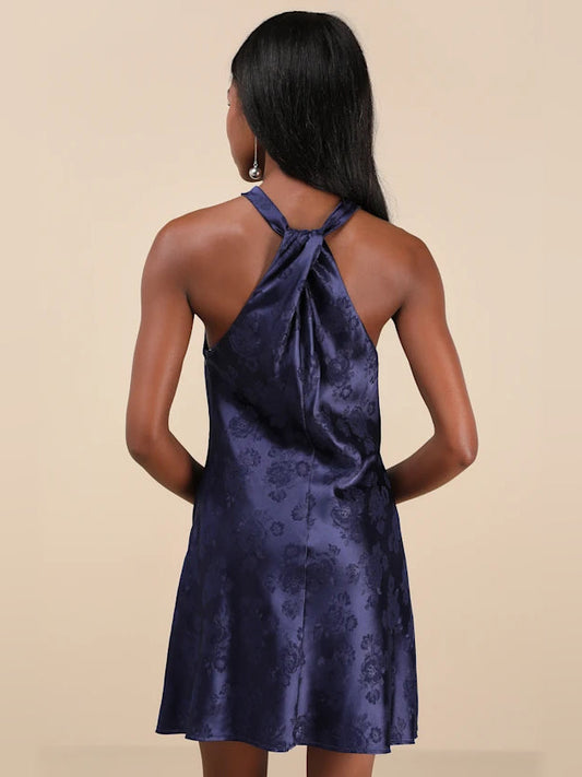 Dark blue halter mini satin dress with open back and knotted tie neckline
