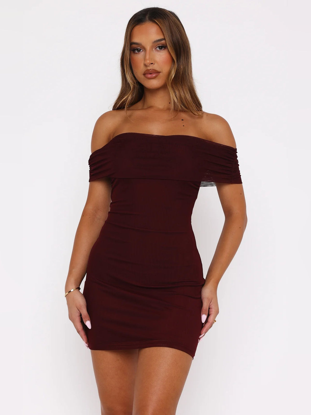 Burgundy off-shoulder mini dress with fitted bodice and gathered neckline