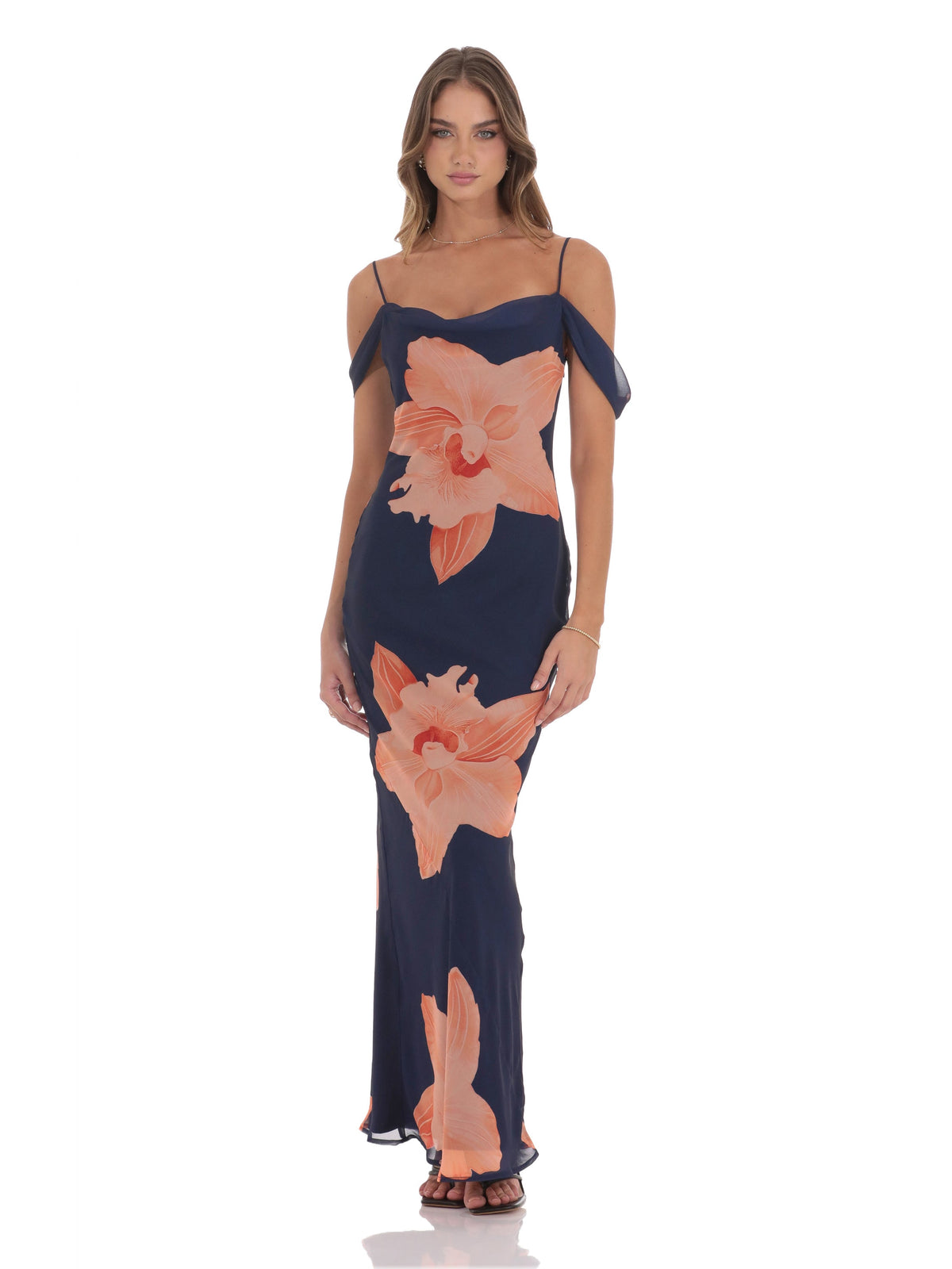 Navy bridesmaid dress with off shoulder neckline