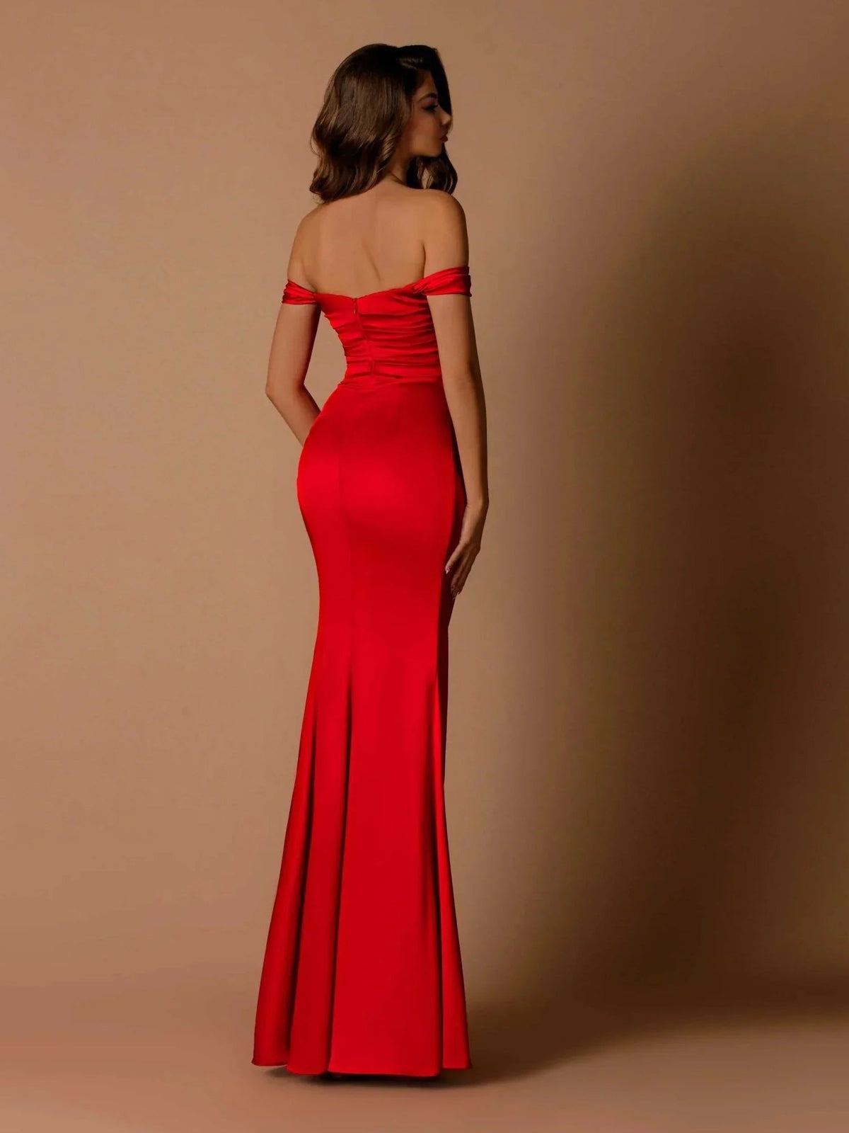 Red off-shoulder ruched sweetheart slit formal gown, floor-length, back view