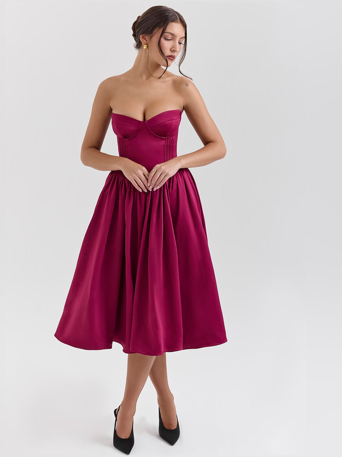 Fuchsia corset-style satin tulle midi dress with sweetheart neckline and pleated skirt