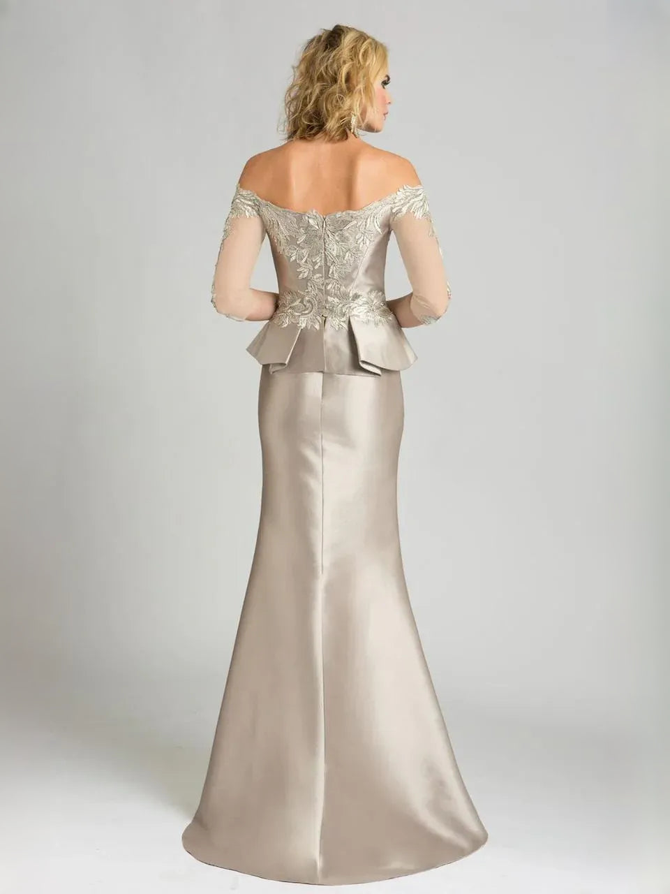 Champagne off-shoulder back view gown with beaded floral lace sleeves and peplum