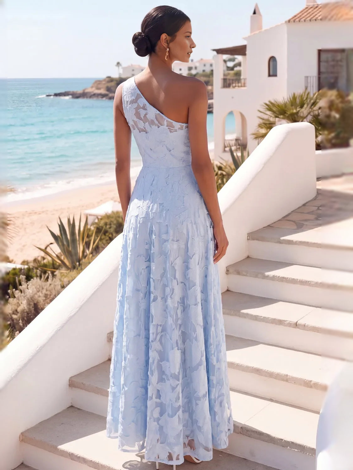 Light blue one-shoulder A-line maxi dress with textured floral pattern and pleated skirt