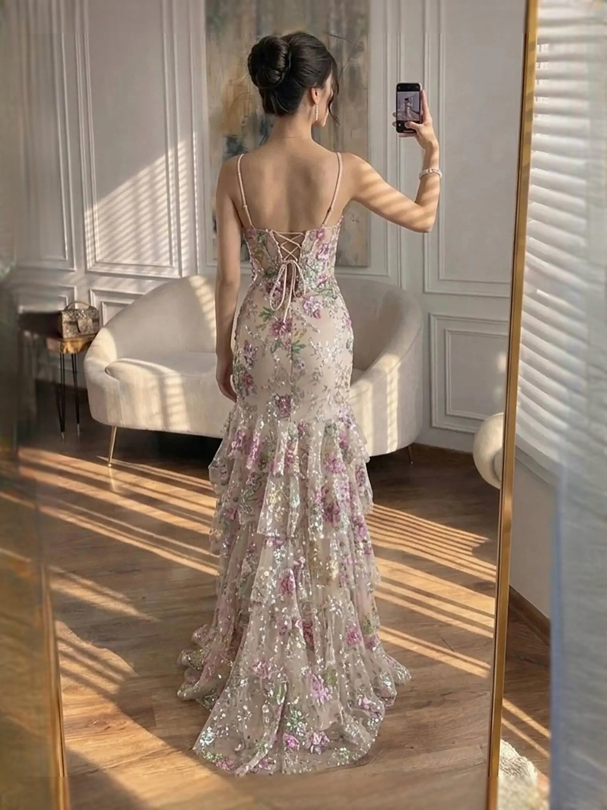 Floral corset-back mermaid prom dress with thin straps, ruffled V-neck and front slit