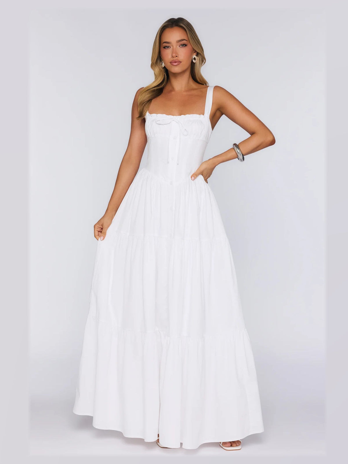 White formal dress with a-line silhouette
