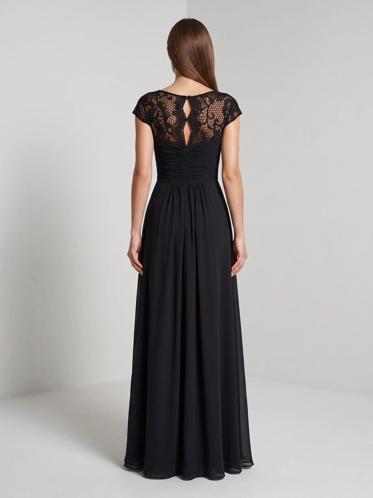 Black back-view off-shoulder chiffon dress with lace cap sleeves and gathered ruched waist