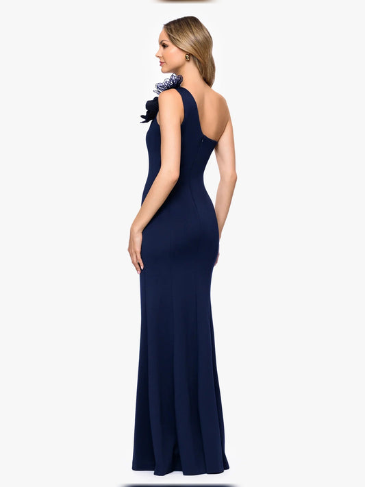 Dark navy one-shoulder A-line floor-length gown with floral shoulder detail