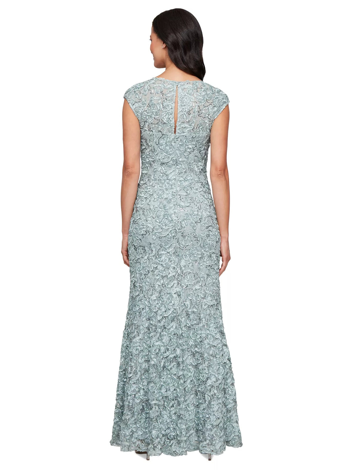 Dusty blue sweetheart mermaid formal dress, back view with cap sleeves and sheer drape