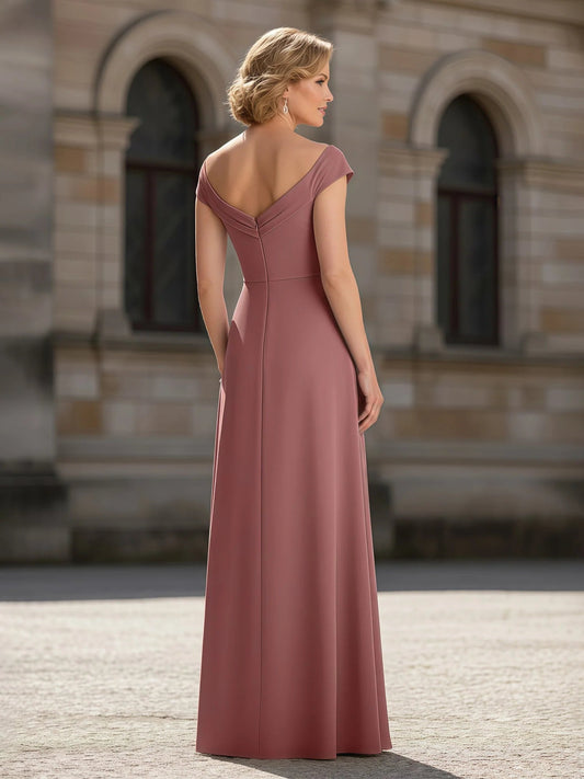 Rose gold floor-length chiffon gown with ruched scoop back and cap sleeves