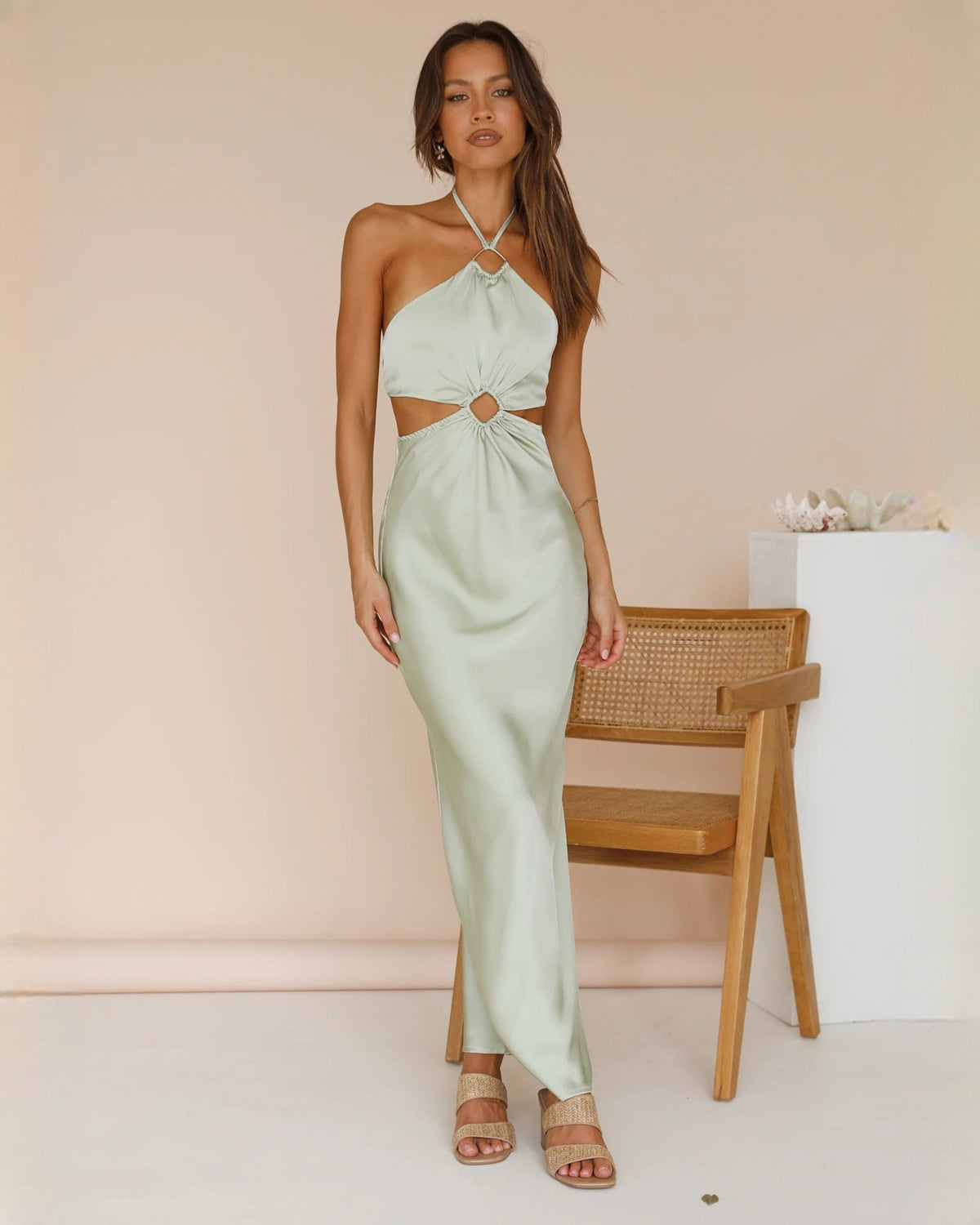Mint green satin halter A-line maxi dress with cutout waist and keyhole detail