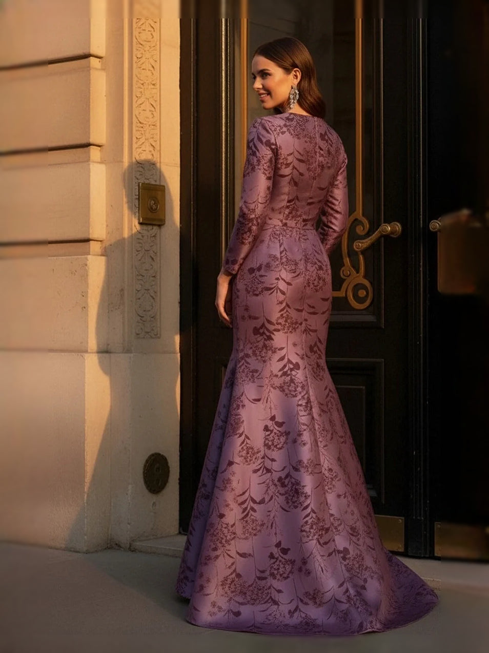 Mulberry floral satin mermaid gown, long sleeves, floor-length from side view