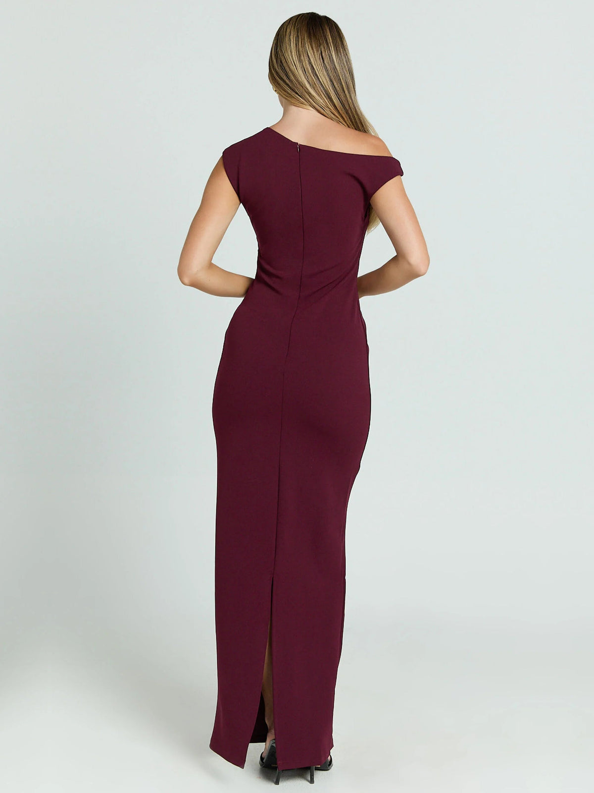 Wine sheath maxi formal dress, full-length back view
