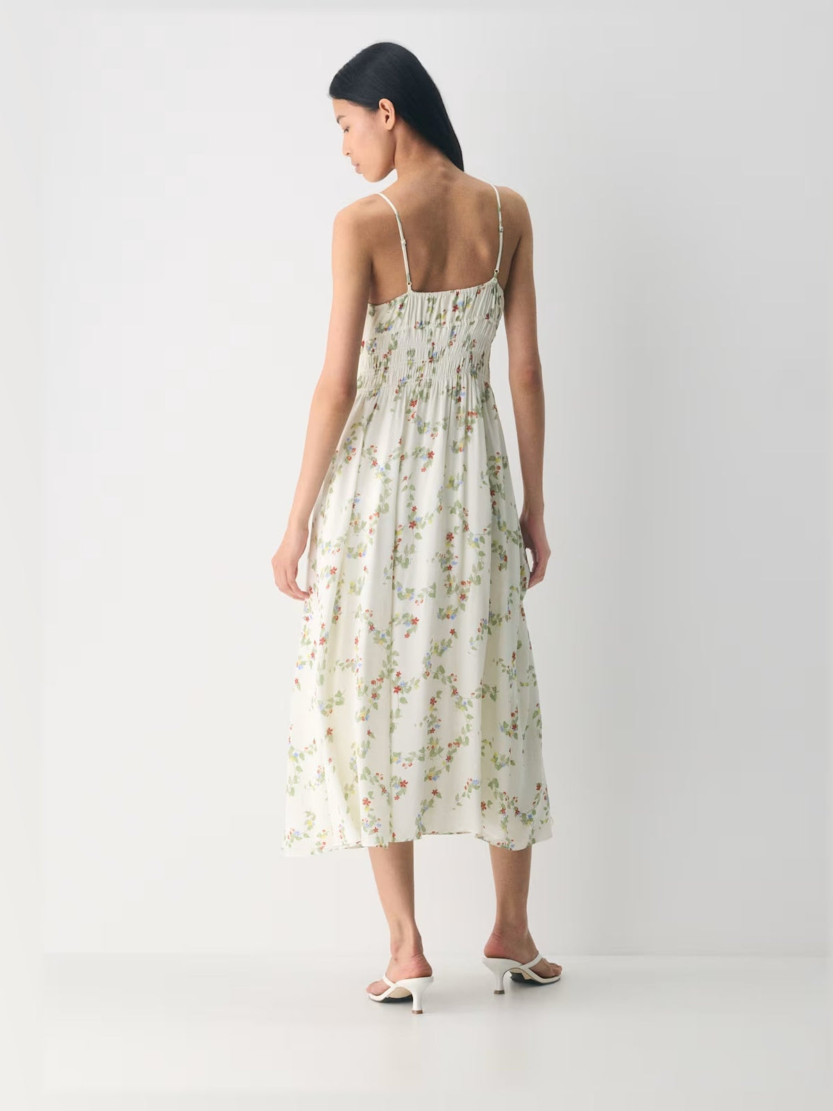 Ivory Green Floral Print maxi formal dress, back full-length view showing the bodice
