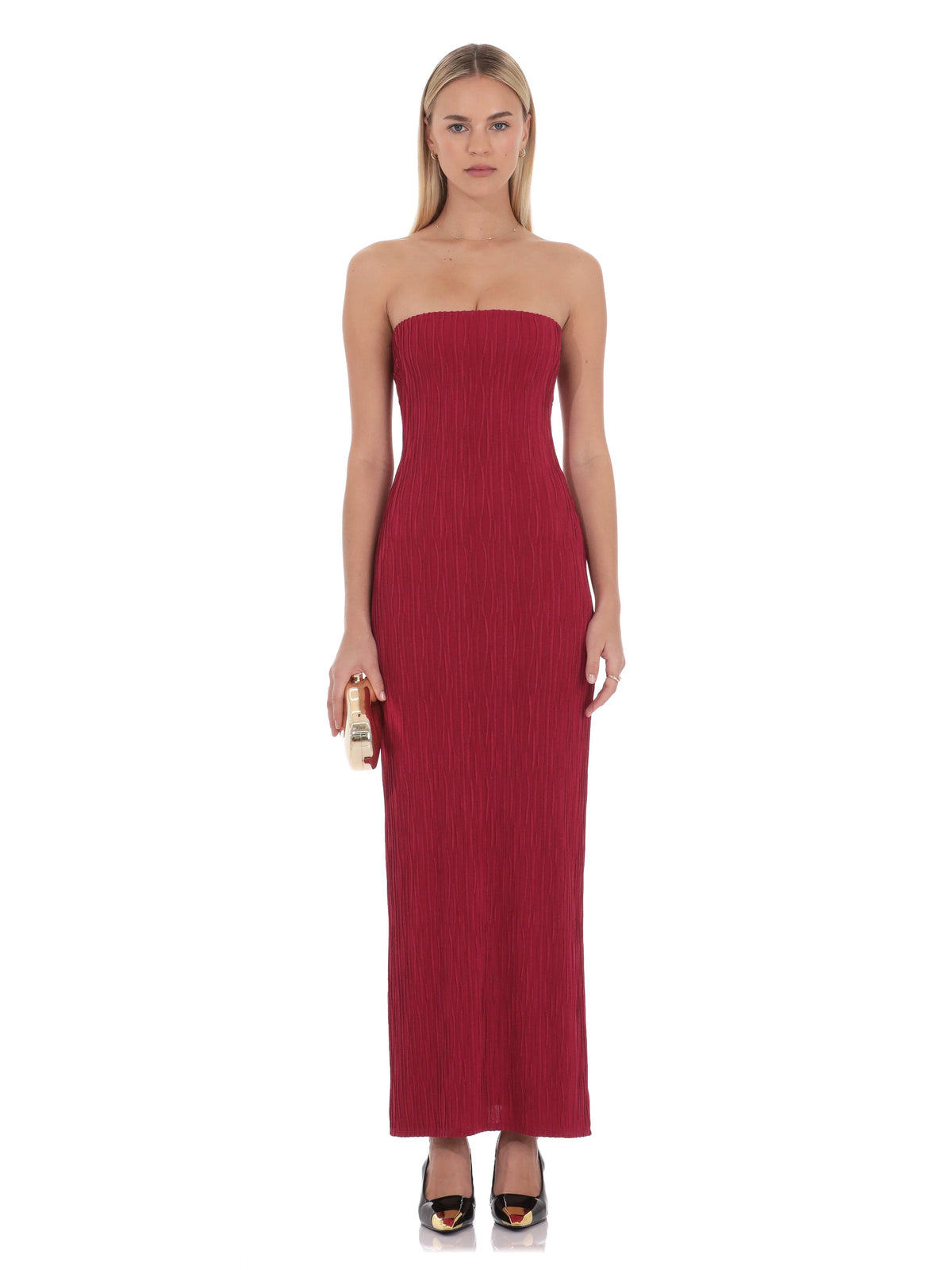 Red bridesmaid dress with strapless neckline