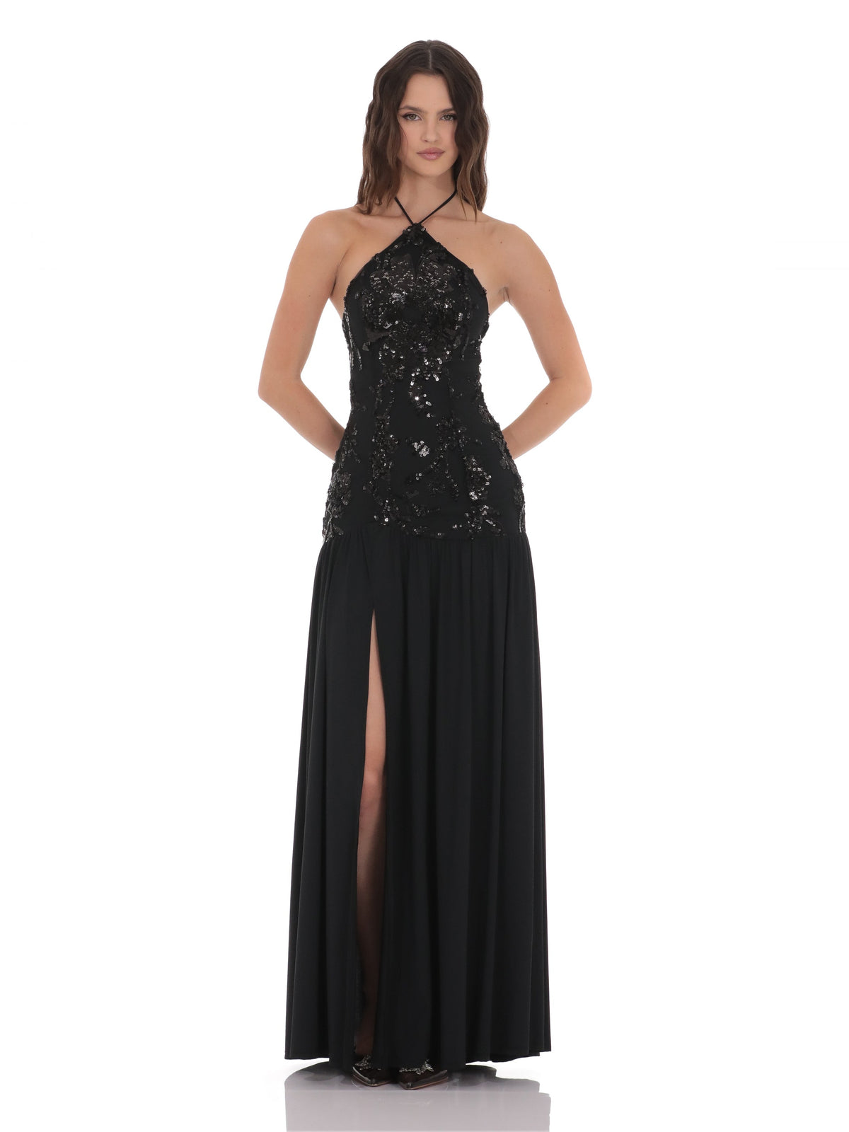 Black bridesmaid dress with halter neck neckline
