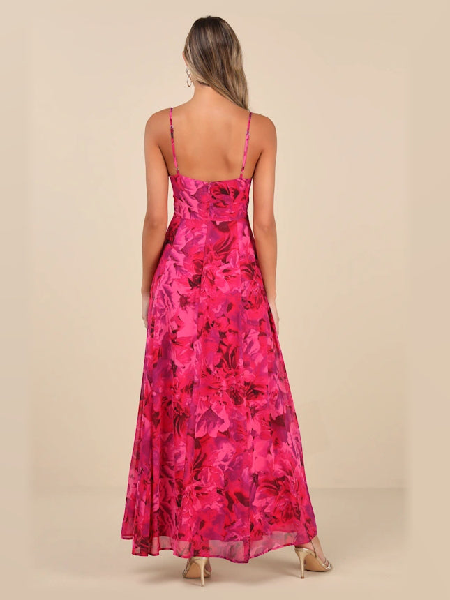 Fuchsia Floral maxi formal dress, back full-length view showing the bodice