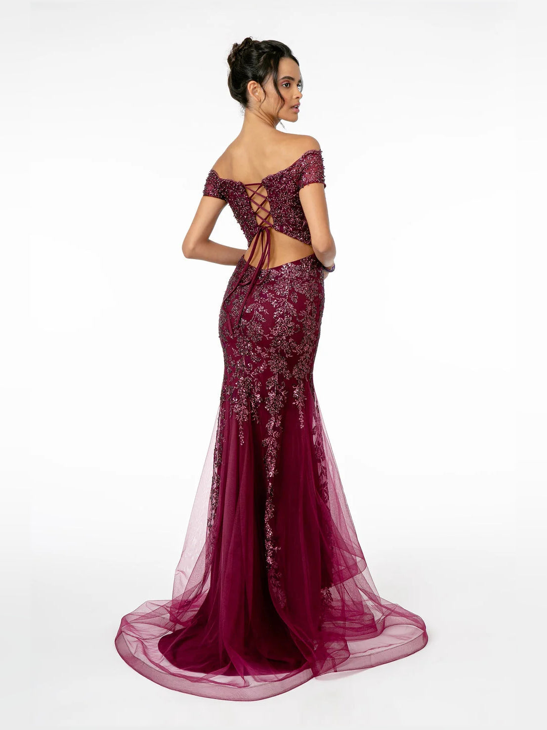Wine beaded off-shoulder mermaid prom dress with lace-up open back and tulle hem