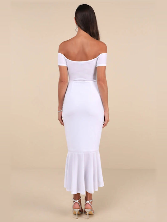 White midi formal dress with off-the-shoulder neckline, alternate view