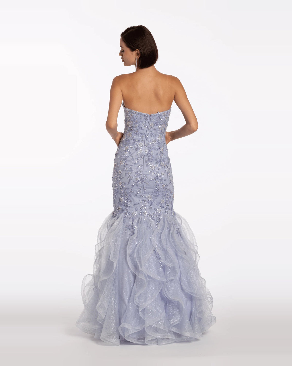 Back view: strapless mermaid maxi prom dress, light purple, fitted beaded bodice with tulle ruffle skirt