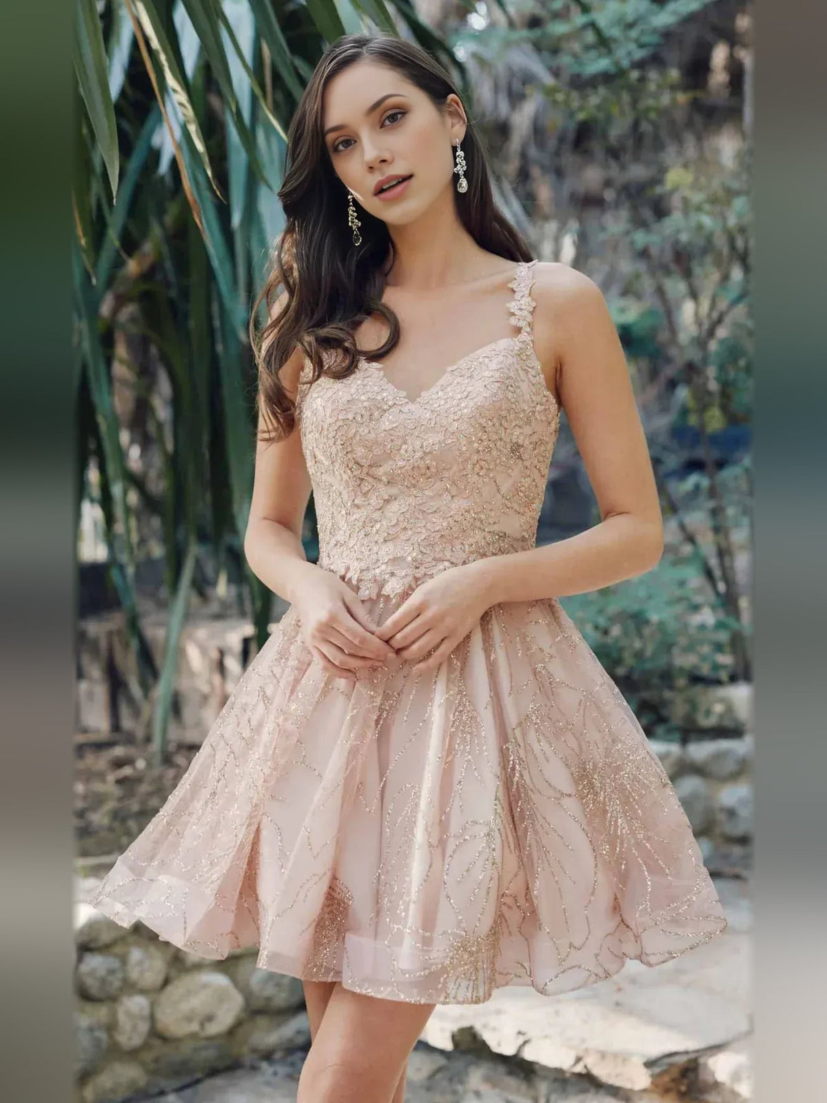 Champagne embroidered corset mini tulle V-neck fit-and-flare dress with full skirt