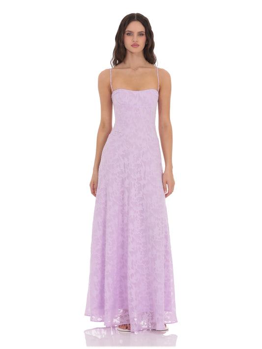 Lavender lace-look mesh A-line maxi dress with straight bandeau bodice and thin straps