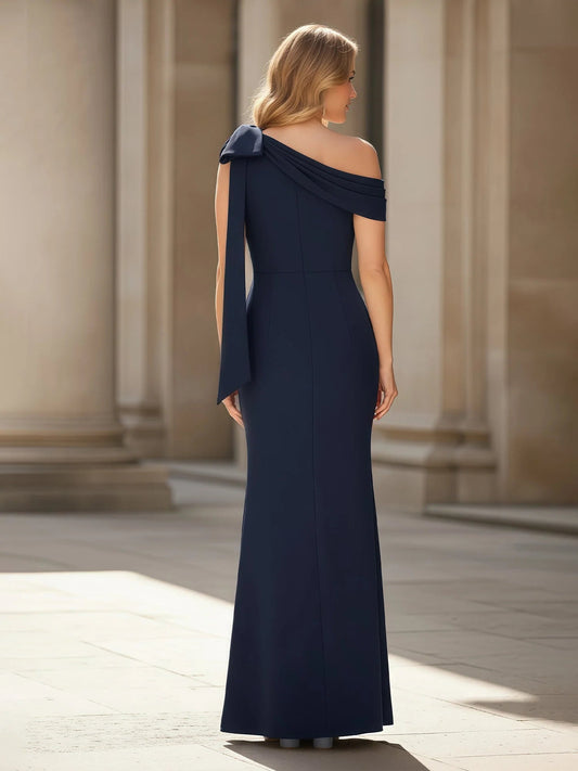 Dark navy one-shoulder open-back mermaid maxi dress with bow detail