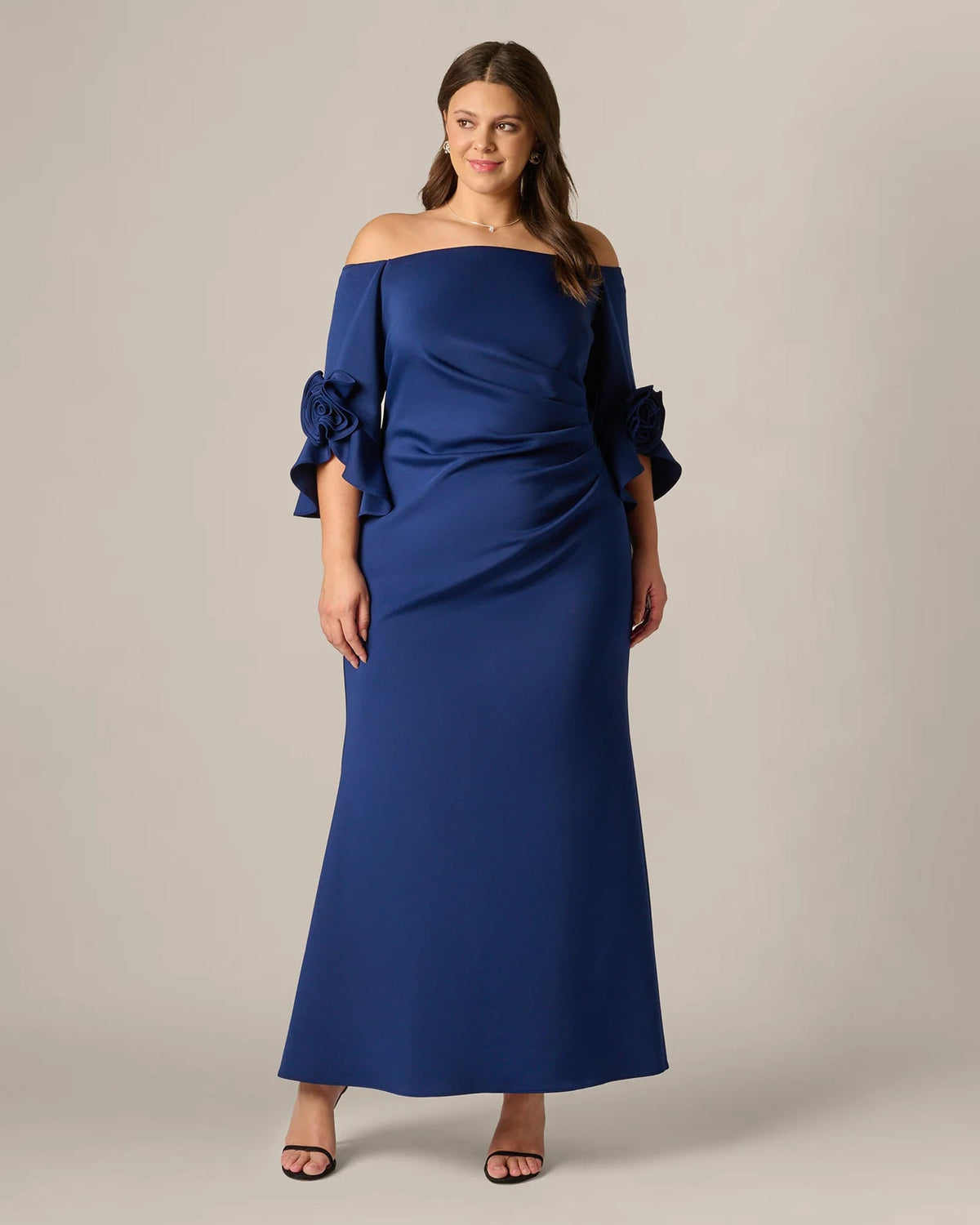 Blue off-shoulder A-line maxi dress with draped waist and tiered rosette sleeves