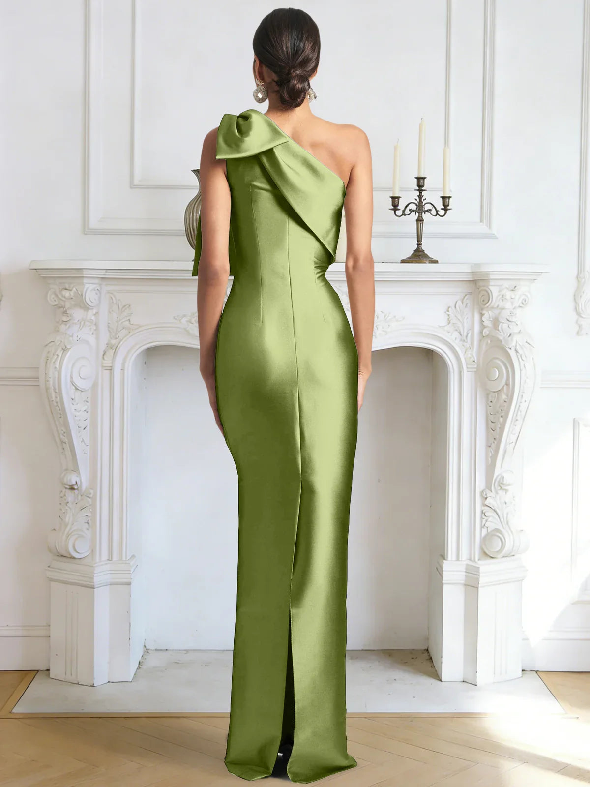 Olive green one-shoulder bow gown, back view, fitted mermaid silhouette with high slit