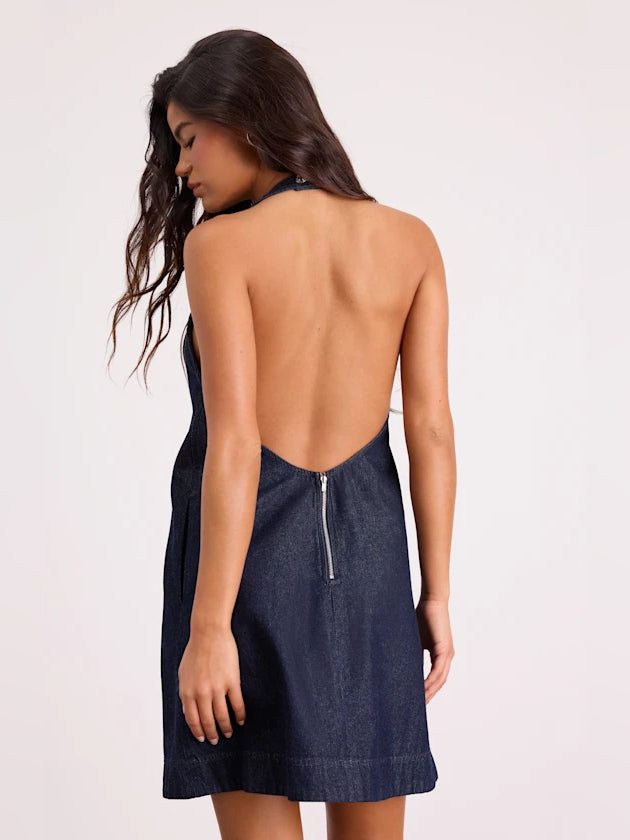 Blue backless mini dress, open back with central zipper and drawstring detail