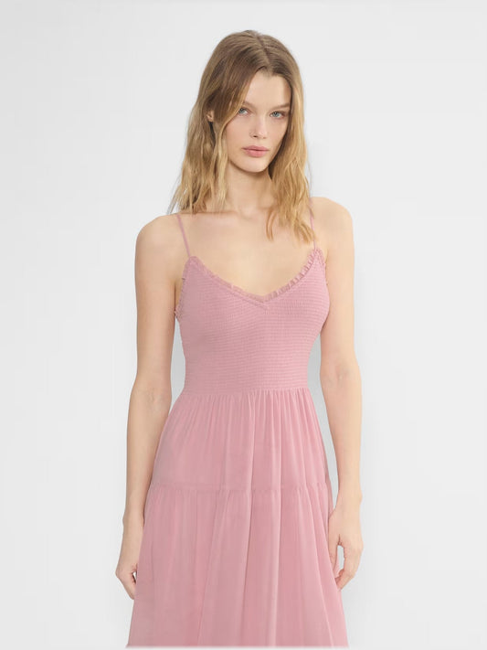 Pink chiffon midi dress with V-neckline, thin straps, smocked bust, tiered hem