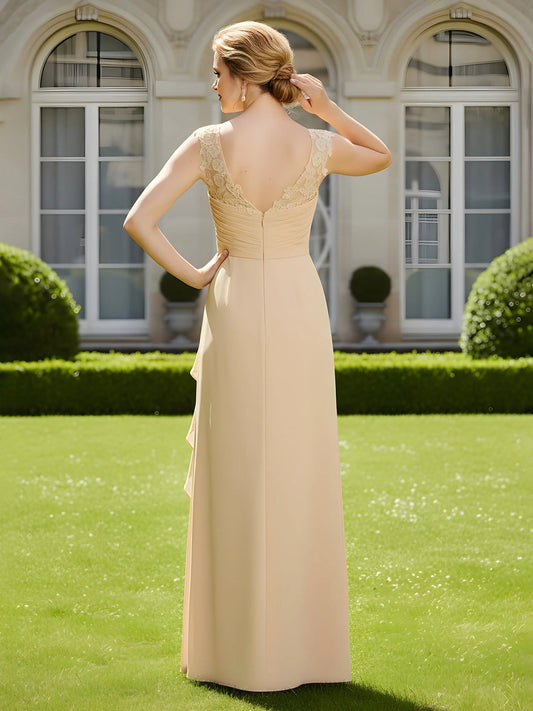 Champagne back view ruched corset V-neck mermaid gown with ruffled chiffon skirt