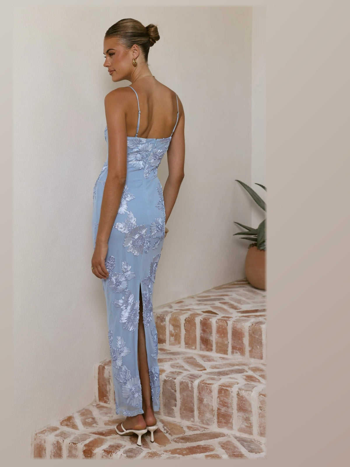 Blue maxi formal dress, back full-length view showing the bodice