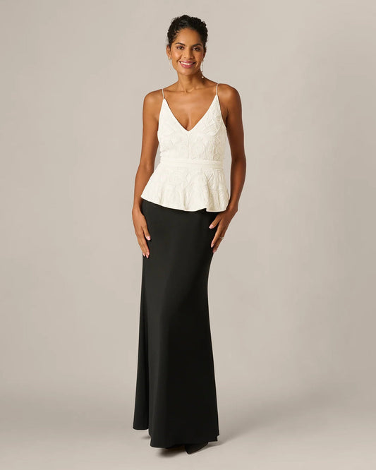 Ivory lace peplum top and long black fitted maxi skirt, formal wedding dress