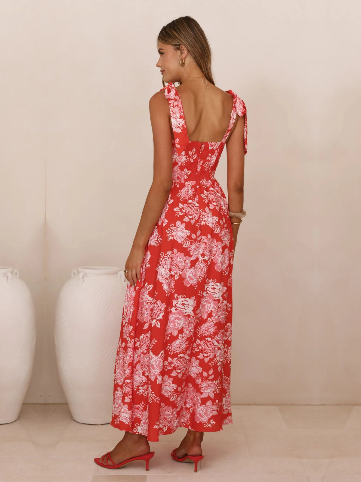 Red Floral a-line maxi formal dress with floral print, full-length back view