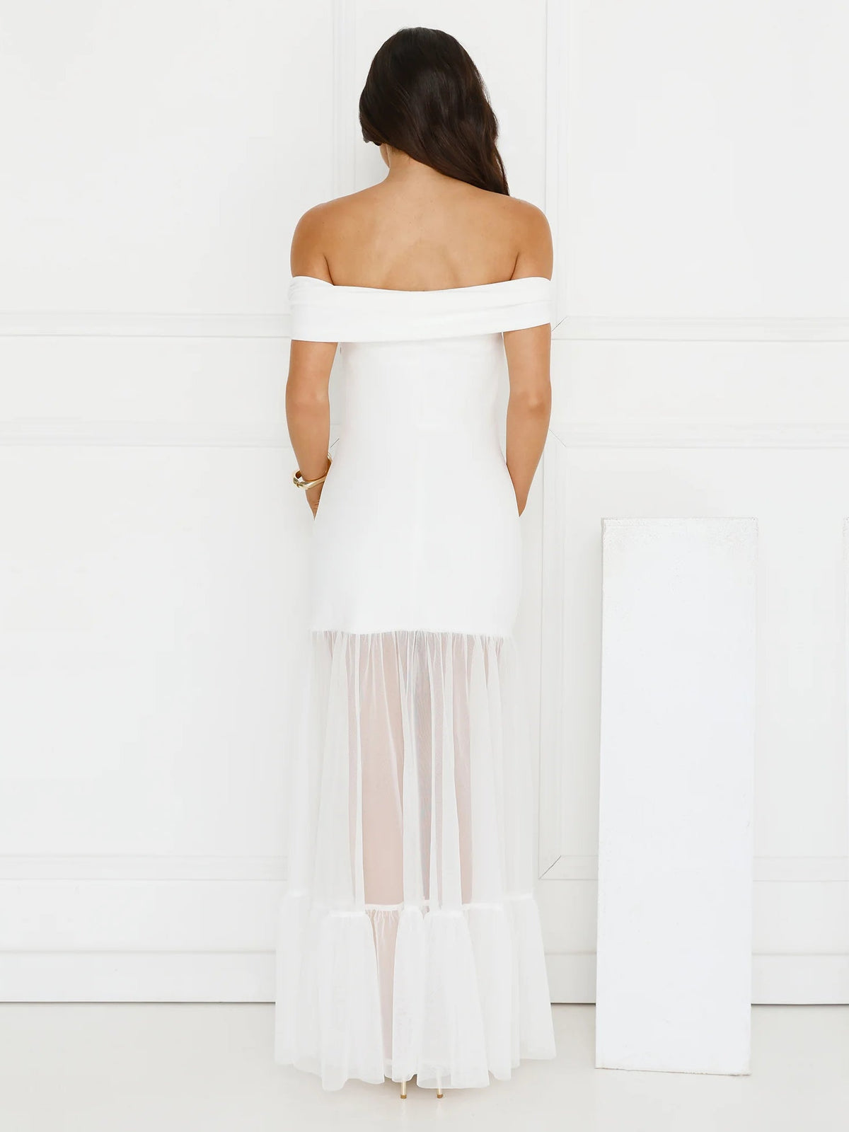 White sheath maxi formal dress with sheath, full-length back view
