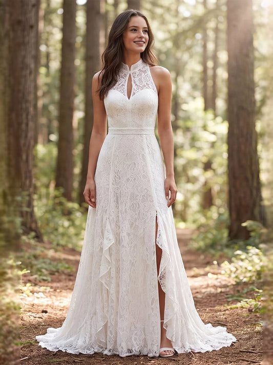Ivory lace halter wedding dress with keyhole neckline and A-line slit skirt