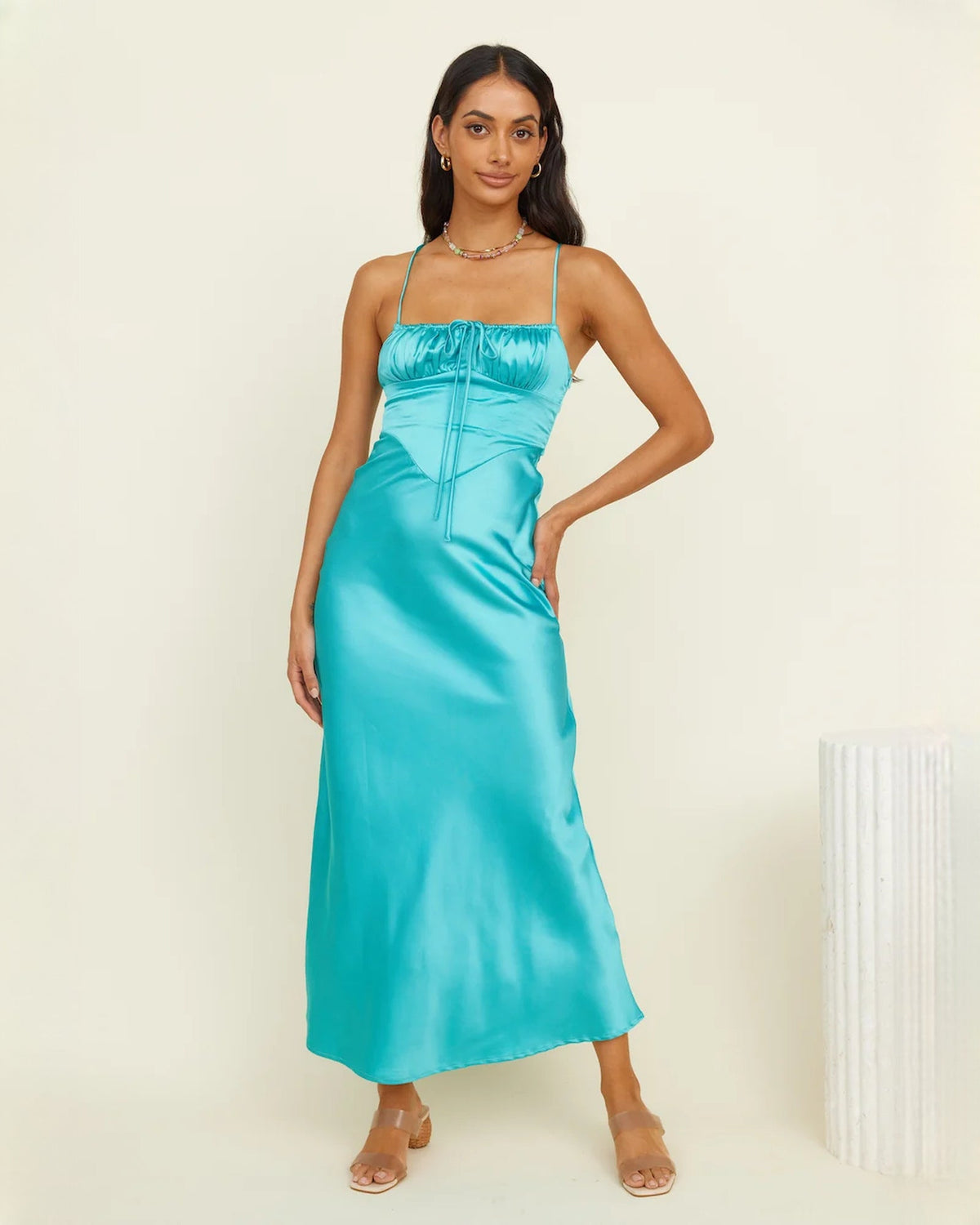Aqua satin sleeveless maxi dress with ruched square neckline and A-line skirt