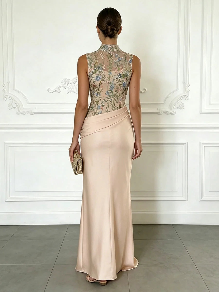 Champagne satin mermaid mother-of-the-bride dress with high neck floral embroidery