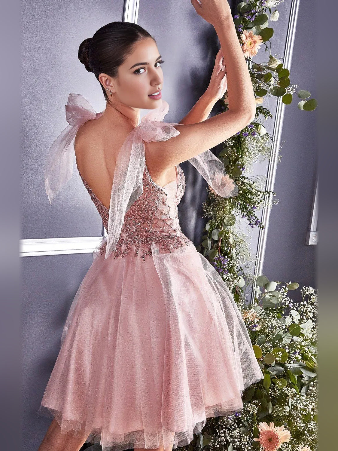 Light pink beaded V-neck A-line short tulle dress with bow straps, back view