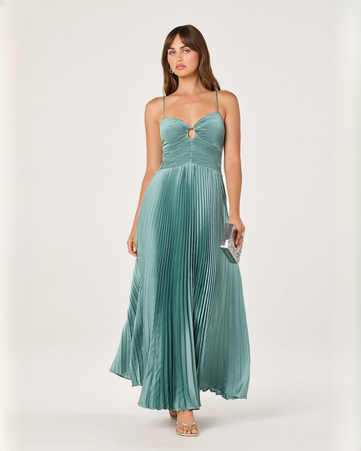 Seafoam green pleated A-line maxi dress with sweetheart neckline and thin straps