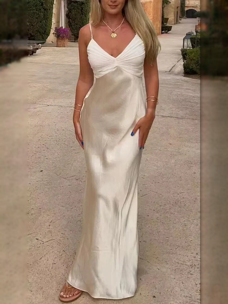 Ivory satin mermaid prom dress with ruched V-neck and draped bodice, full length
