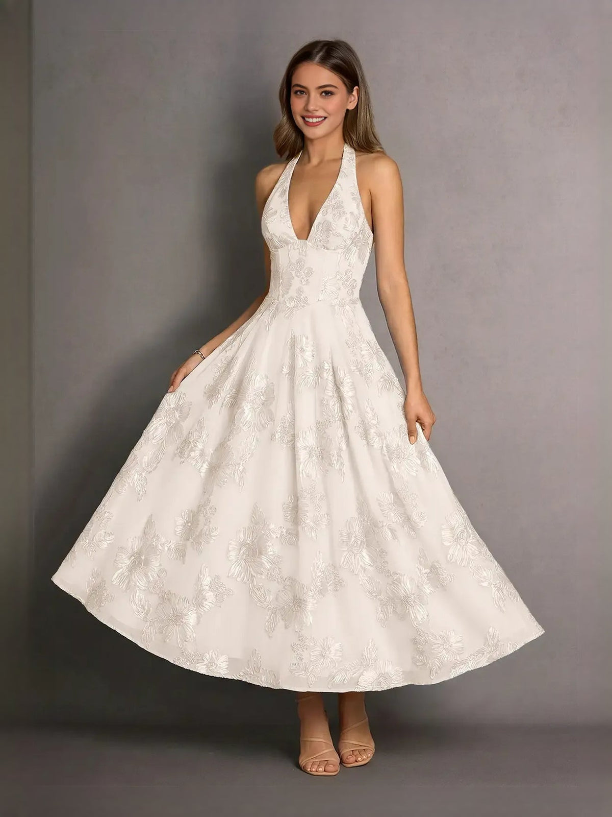 Ivory floral lace halter neck A-line midi prom dress with V neckline