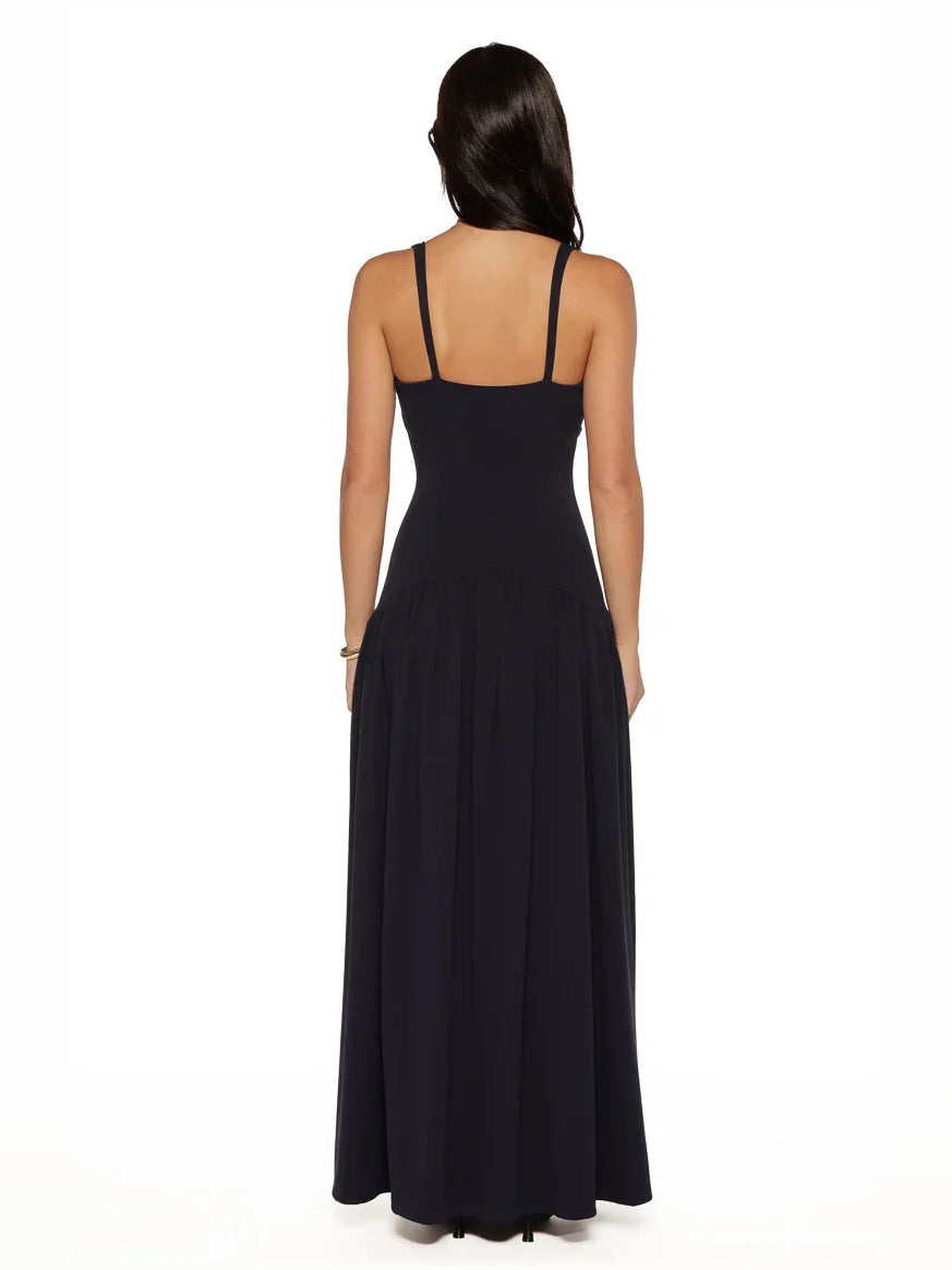 Black V-neck A-line formal dress, open back with spaghetti straps, floor-length