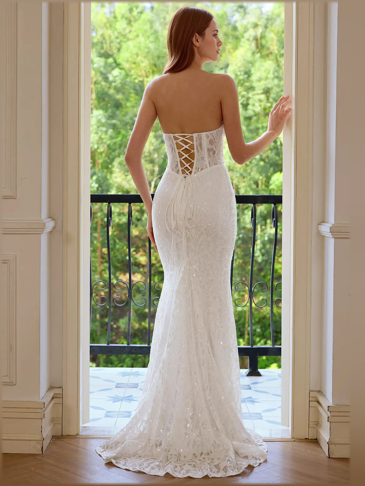 White strapless corset formal dress with lace-up back panel, fitted floor-length mermaid