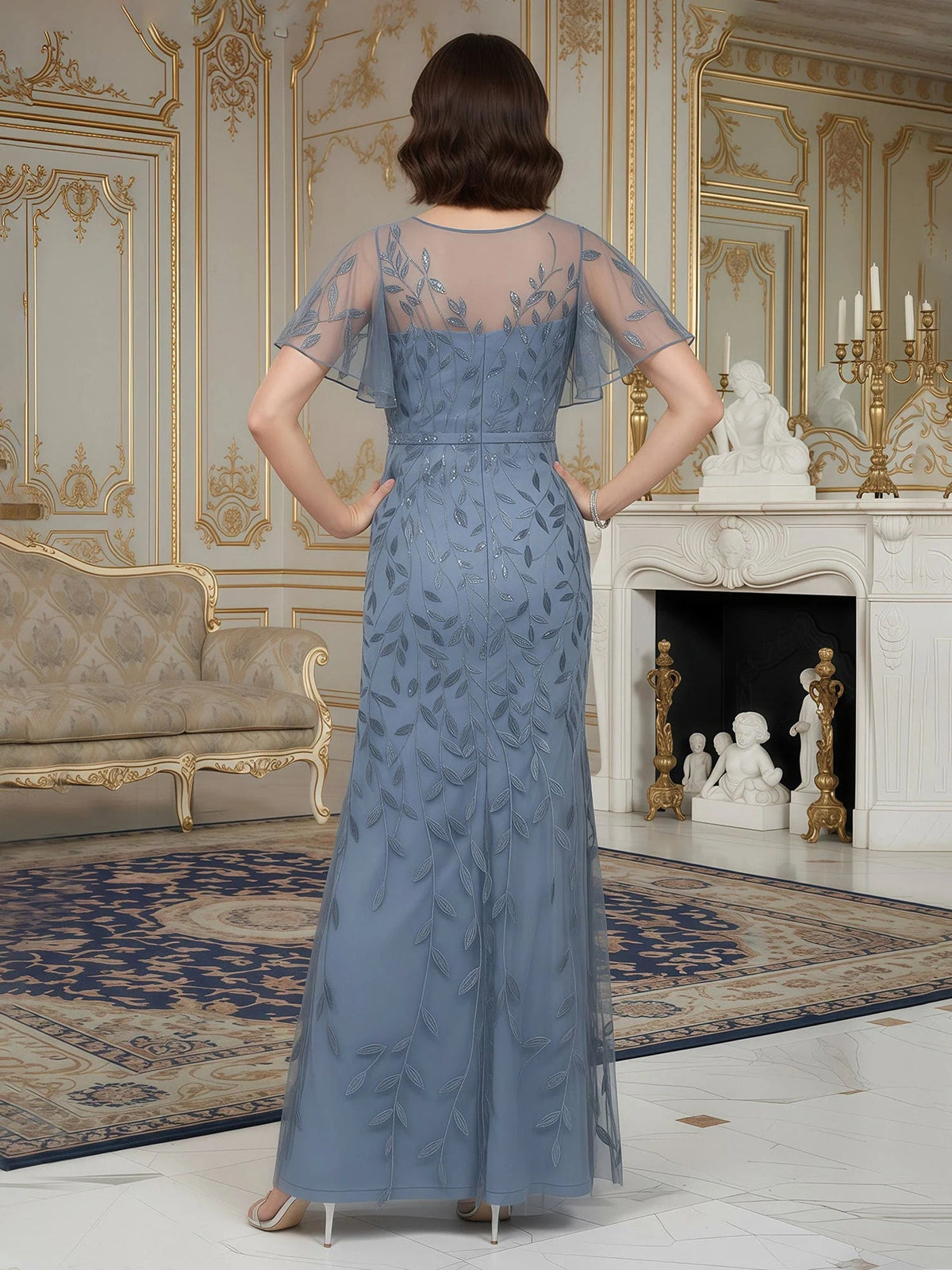 Dusty blue back view sheath dress with round neck, short sleeves, floor length embroidery